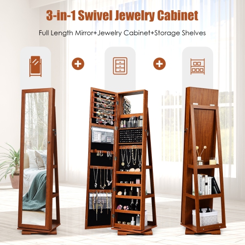 Armoire à bijoux 2-en-1 verrouillable avec rotation à 360° et miroir pleine longueur