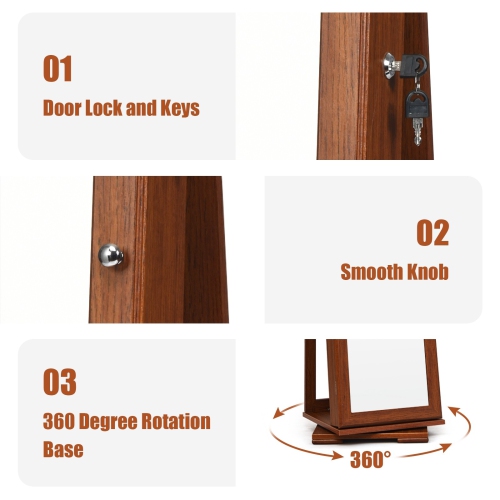 Armoire à bijoux 2-en-1 verrouillable avec rotation à 360° et miroir pleine longueur