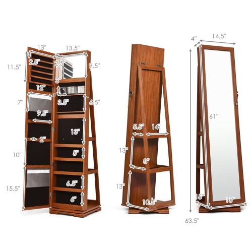 Armoire à bijoux 2-en-1 verrouillable avec rotation à 360° et miroir pleine longueur