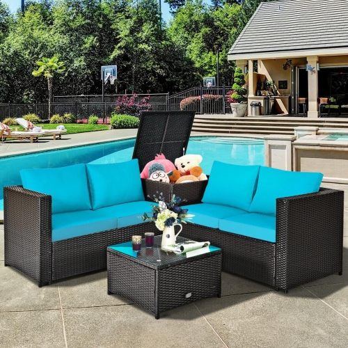 4-Piece Outdoor Patio Rattan Furniture Set with Cushioned Loveseat and Storage Box