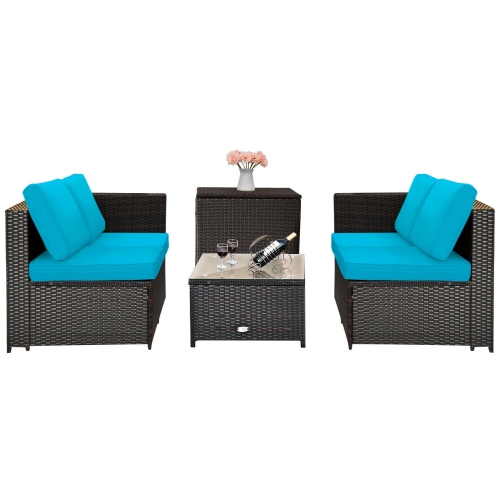 4-Piece Outdoor Patio Rattan Furniture Set with Cushioned Loveseat and Storage Box