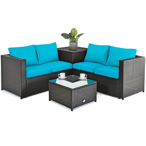 4-Piece Outdoor Patio Rattan Furniture Set with Cushioned Loveseat and Storage Box