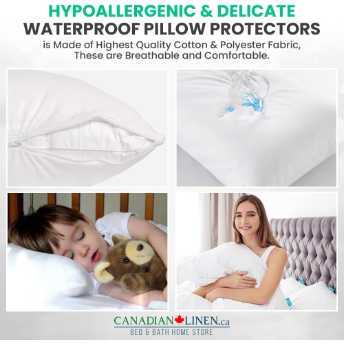 Canadian Linen Waterproof Pillow Protector Zippered Encasement, 20"x30" Queen, 2 pack, Soft Absorbent Breathable Bed Bug Proof Pillow Cover Hotels Spa