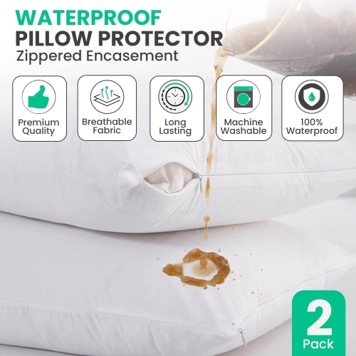 Canadian Linen Waterproof Pillow Protector Zippered Encasement, 20"x30" Queen, 2 pack, Soft Absorbent Breathable Bed Bug Proof Pillow Cover Hotels Spa
