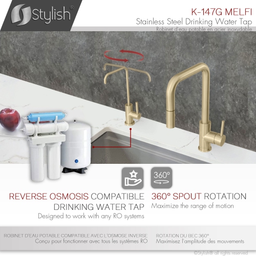STYLISH Kitchen Sink Drinking Water Tap Faucet Stainless Steel, Brushed Gold Finish K-147G