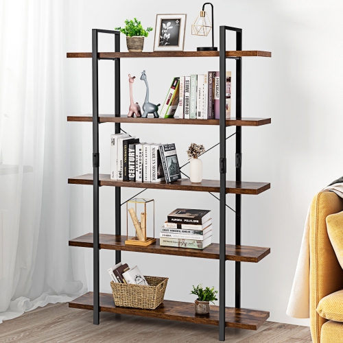 5-Tier Industrial Bookshelf with Stand Storage and Display Rack-Coffee