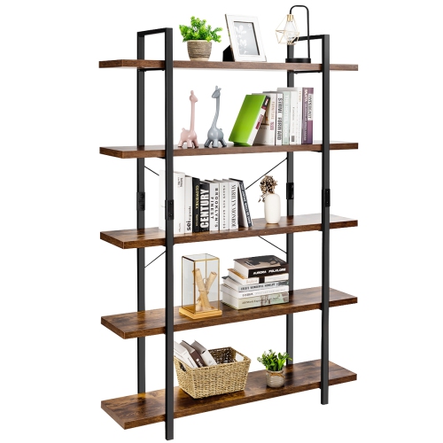 5-Tier Industrial Bookshelf with Stand Storage and Display Rack-Coffee