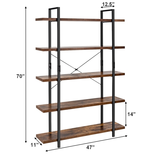 5-Tier Industrial Bookshelf with Stand Storage and Display Rack-Coffee
