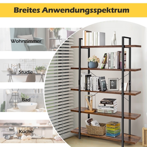 5-Tier Industrial Bookshelf with Stand Storage and Display Rack-Coffee