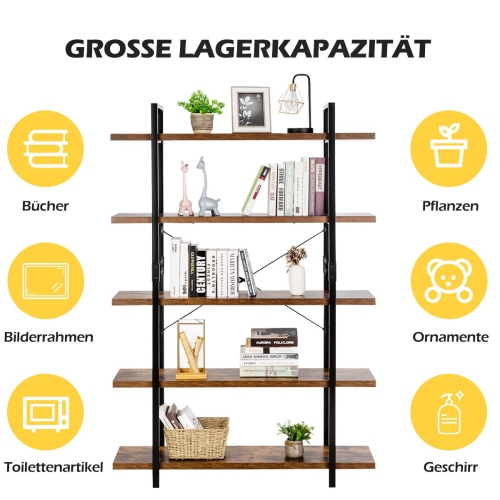 5-Tier Industrial Bookshelf with Stand Storage and Display Rack-Coffee