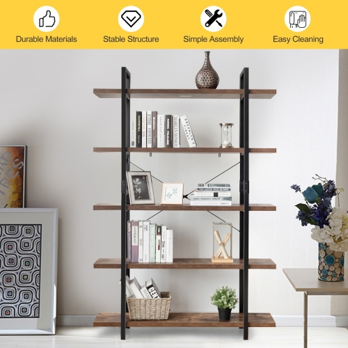 5-Tier Industrial Bookshelf with Stand Storage and Display Rack-Coffee