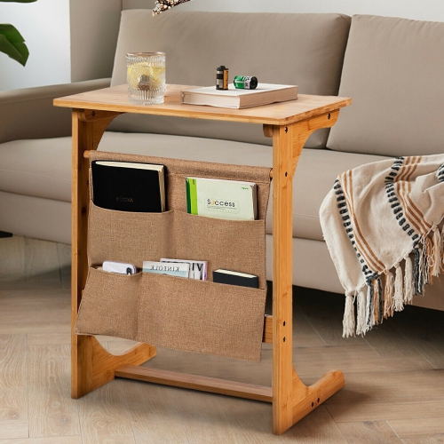 Bamboo Sofa Table End Table Bedside Table with Storage Bag-Natural