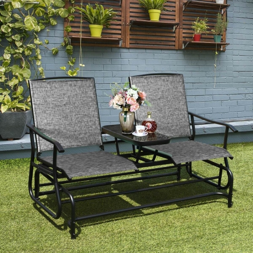 2-Person Outdoor Double Rocking Loveseat with Breathable Mesh Seats and Built-In Tempered Glass Table