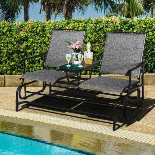 2-Person Outdoor Double Rocking Loveseat with Breathable Mesh Seats and Built-In Tempered Glass Table
