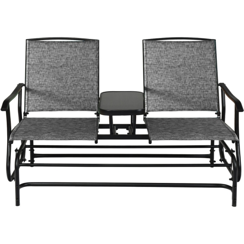 2-Person Outdoor Double Rocking Loveseat with Breathable Mesh Seats and Built-In Tempered Glass Table