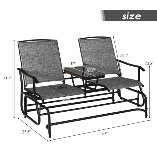 2-Person Outdoor Double Rocking Loveseat with Breathable Mesh Seats and Built-In Tempered Glass Table