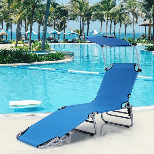 Adjustable Outdoor Beach Patio Pool Recliner with Sun Shade-Navy