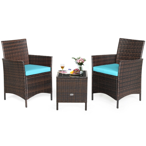 SLICKBLUE  3PCs Patio Rattan Furniture Set Cushioned Sofa And Glass Tabletop Deck-Blue