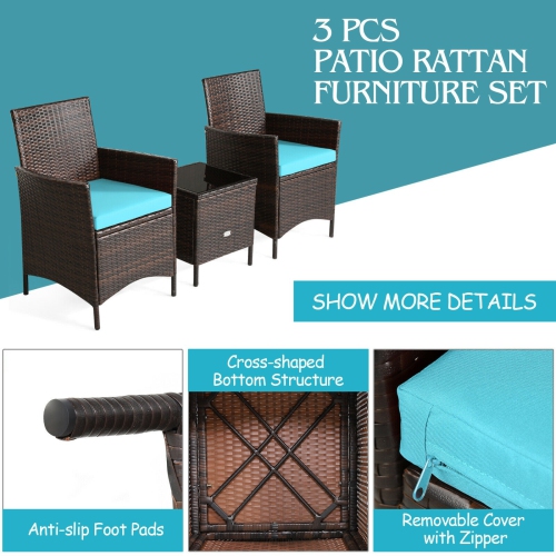3Pcs Patio Rattan Furniture Set Cushioned Sofa and Glass Tabletop Deck-Blue