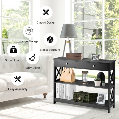 Console Table 3-Tier with Drawer and Storage Shelves