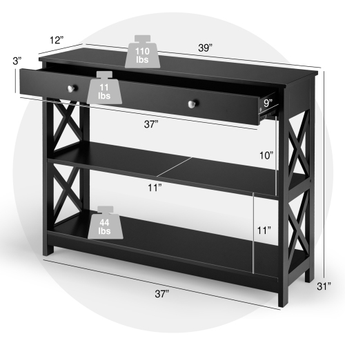 Console Table 3-Tier with Drawer and Storage Shelves