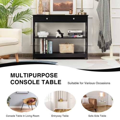 Console Table 3-Tier with Drawer and Storage Shelves