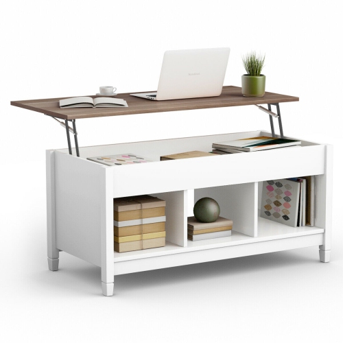 Lift Top Coffee Table w/ Hidden Compartment and Storage Shelves-White