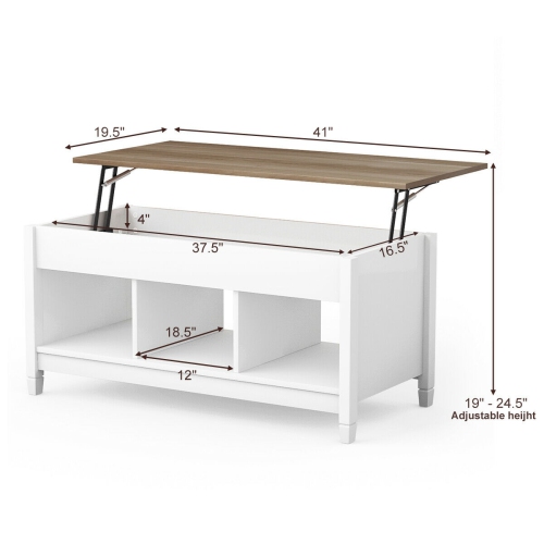 Lift Top Coffee Table w/ Hidden Compartment and Storage Shelves-White