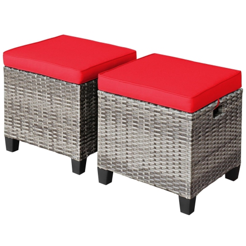 SLICKBLUE  2PCs Patio Rattan Wicker Ottoman Seat With Removable Cushions-Red