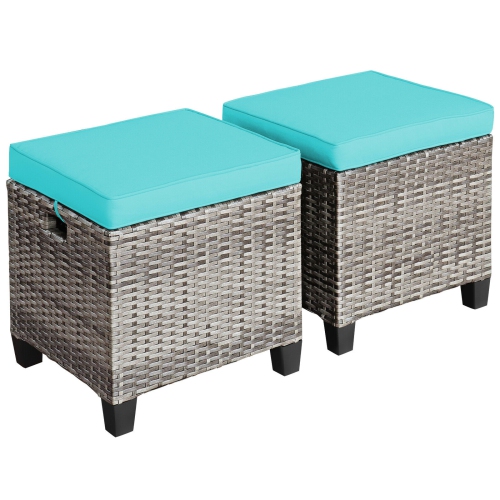 SLICKBLUE  2PCs Patio Rattan Wicker Ottoman Seat With Removable Cushions-Turquoise
