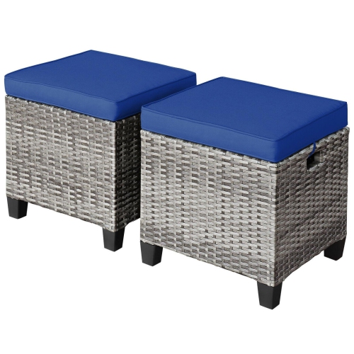 SLICKBLUE  2 Pieces Patio Rattan Ottoman Seat With Removable Cushions-Navy