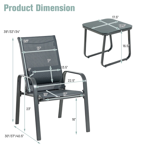 Outdoor 3-Piece Bistro Set with Adjustable Backrest Chairs and Table, Stackable Design
