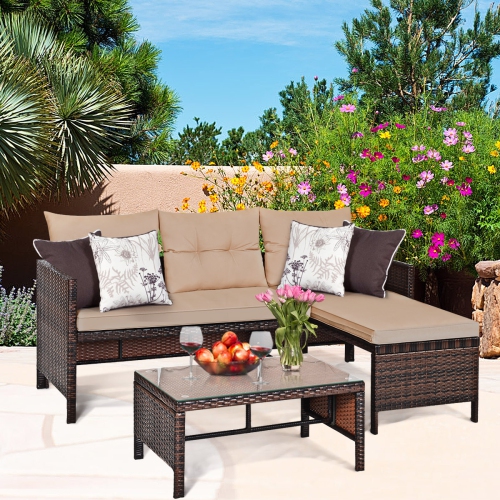 3 Piece Outdoor Patio Corner Rattan Sofa Set-Beige