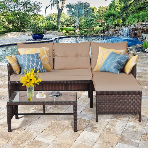 3 Piece Outdoor Patio Corner Rattan Sofa Set-Beige