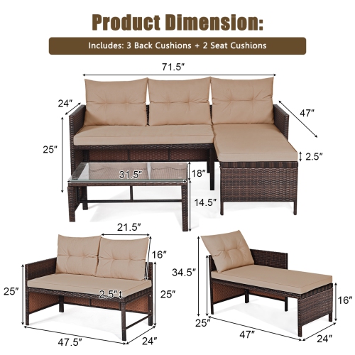 3 Piece Outdoor Patio Corner Rattan Sofa Set-Beige