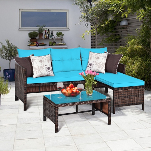 3 Piece Outdoor Patio Corner Rattan Sofa Set-Turquoise