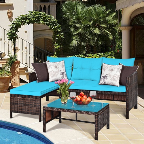 3 Piece Outdoor Patio Corner Rattan Sofa Set-Turquoise