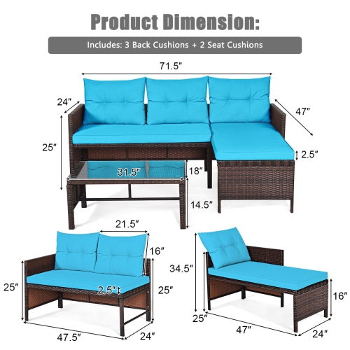 3 Piece Outdoor Patio Corner Rattan Sofa Set-Turquoise