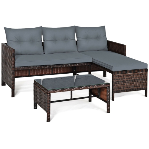 3 Piece Outdoor Patio Corner Rattan Sofa Set-Gray