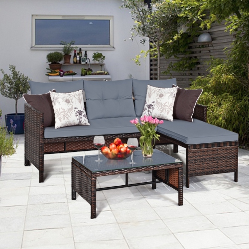 3 Piece Outdoor Patio Corner Rattan Sofa Set-Gray
