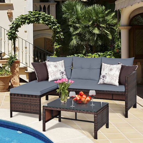 3 Piece Outdoor Patio Corner Rattan Sofa Set-Gray