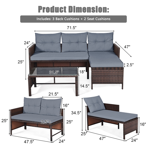 3 Piece Outdoor Patio Corner Rattan Sofa Set-Gray