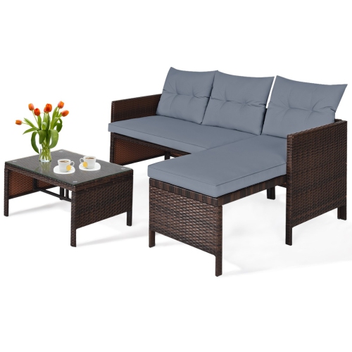 3 Piece Outdoor Patio Corner Rattan Sofa Set-Gray