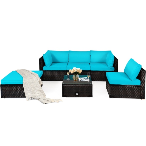 Comfortable 6-Piece Patio Rattan Furniture Set with Sofa and Ottoman for Outdoors