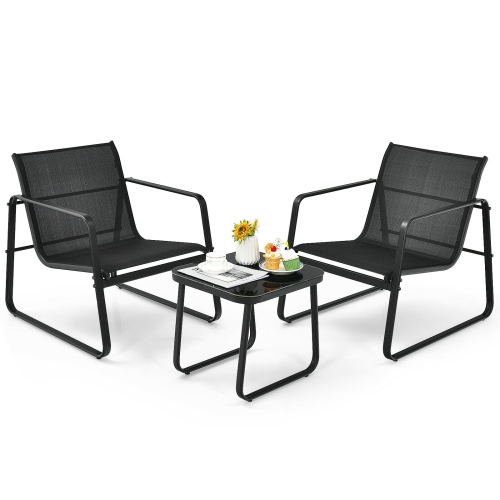 SLICKBLUE  3 Pieces Patio Bistro Furniture Set With Glass Top Table Garden Deck-Black