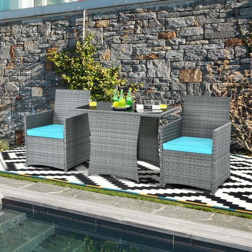 3 Pieces Patio Rattan Furniture Set with Cushion and Sofa Armrest-Turquoise