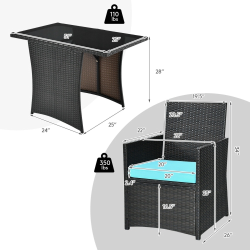 3 Pieces Patio Rattan Furniture Set with Cushion and Sofa Armrest-Turquoise