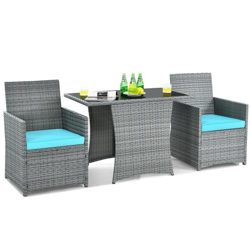 3 Pieces Patio Rattan Furniture Set with Cushion and Sofa Armrest-Turquoise
