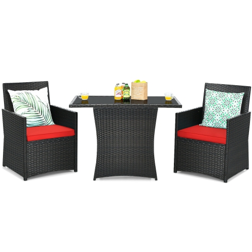 SLICKBLUE  3 Pieces Patio Rattan Furniture Set With Cushion And Sofa Armrest-Red