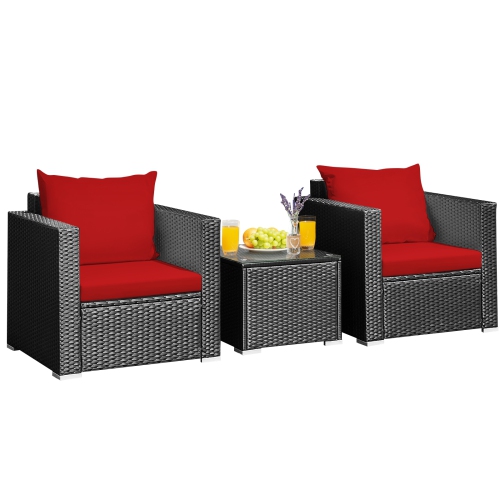 SLICKBLUE  3 Pieces Patio Wicker Furniture Set With Cushion-Red